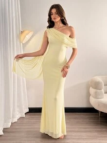 SHEIN Tall 女款優雅純色不對稱露肩洋裝，優雅女式正式禮服，舞會禮服，秋季婚禮賓客洋裝，女式婚禮賓客洋裝 - 淡黃色 - 查看 8