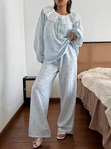 SHEIN Cute Polka Dot Peter Pan Collar Pajamas For Women, Spring Summer Autumn, Lace Trim Loungewear - Baby Blue - View 6