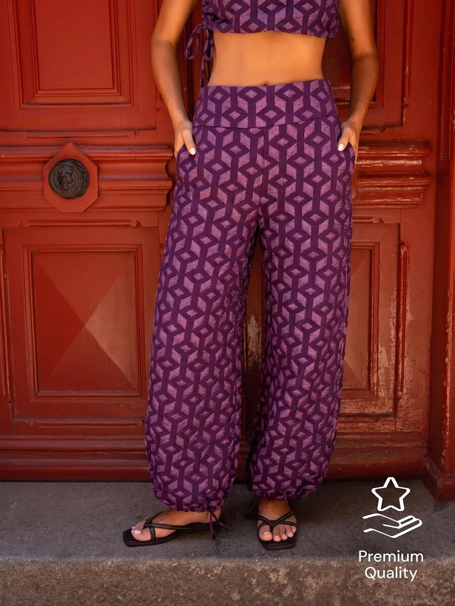 Nöista All-Over Print Wide-Leg Pants With Relaxed Fit. Summer, Fall, Resort, Travel, Casual Chic Style. - Purple - View 1