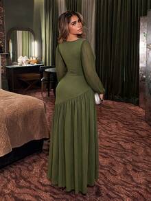 NU&NOW Plus Size Women Olive Green Sequin Mermaid Long Dress Long Sleeve V-Neck Ruched Slit Formal Evening Gown Wedding Guest Banquet Party Dress Fall - Dark Green - View 2