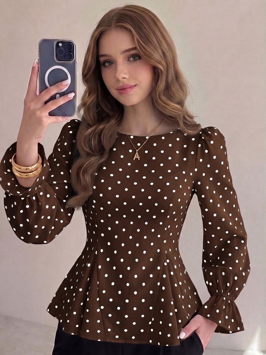 SHEIN Girlism 青少年女孩優雅復古花瓣袖波點印花襯衫 - 棕色 - 查看 1