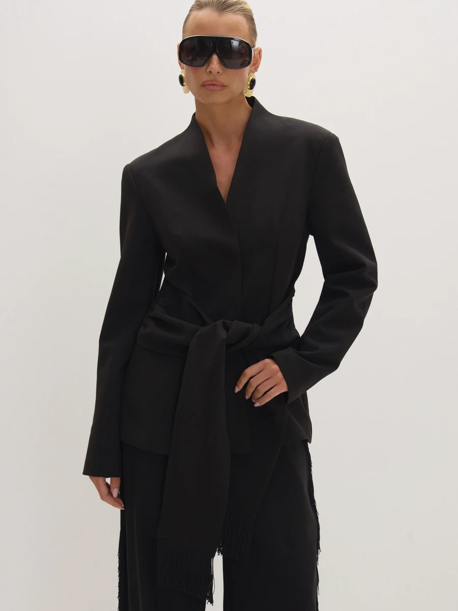 MUSEYN Black Woven Tassel Belt Detail Suit Blazer Date Night Timeless Tailored Office New Season Fall - Black - View 1