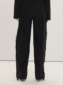 MUSEYN Black Woven Tassel Detail Suit Trousers Date Night Timeless Tailored Office New Season Fall - Black - View 4