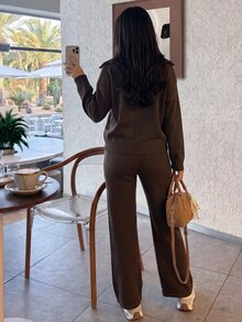 Solavon Women's Solid Color Long Sleeve Top And Pants Knit 2 Pieces Set - Brown - View 5