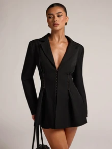 SHEIN BAE Women's Minimalist Design Waist-Cinched Black Long Sleeve Blazer, Suitable For Commuting And Social Events - Black - View 4
