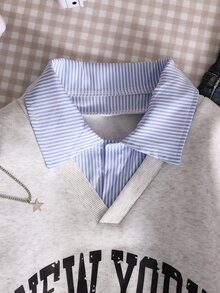 SHEIN Sparklyn Tween女孩大學休閒百搭通勤假兩件領口襯衫領運動衫，數字字母印花豹紋寬鬆版型 - 彩色 - 查看 3
