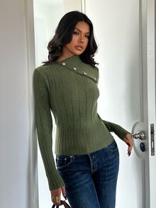 Aloruh Sweater Lengan Panjang Wanita dengan Kerah Asimetris Bergaris dan Kancing - Hijau - View 7