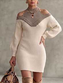 Velvienne Plus Size Women's Colorblock Mock Neck Cold Shoulder Knit Dress - Beige - View 4