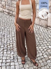 Avantive Women's Casual Commute Solid Color Lantern Pants (100% Cotton) - Brown - View 8