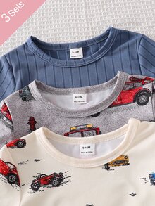 6pcs/Set Baby Boy Cartoon Car Print Ribbed Long Sleeve Top And Footed Pants Soft Casual Pajama Set, Multiple Colors Available - Multicolor - View 8