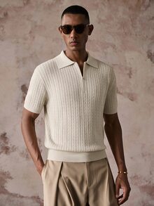 AKNOTIC Men's Fashion Half-Zip Short Sleeve Knit Top - Apricot - View 6