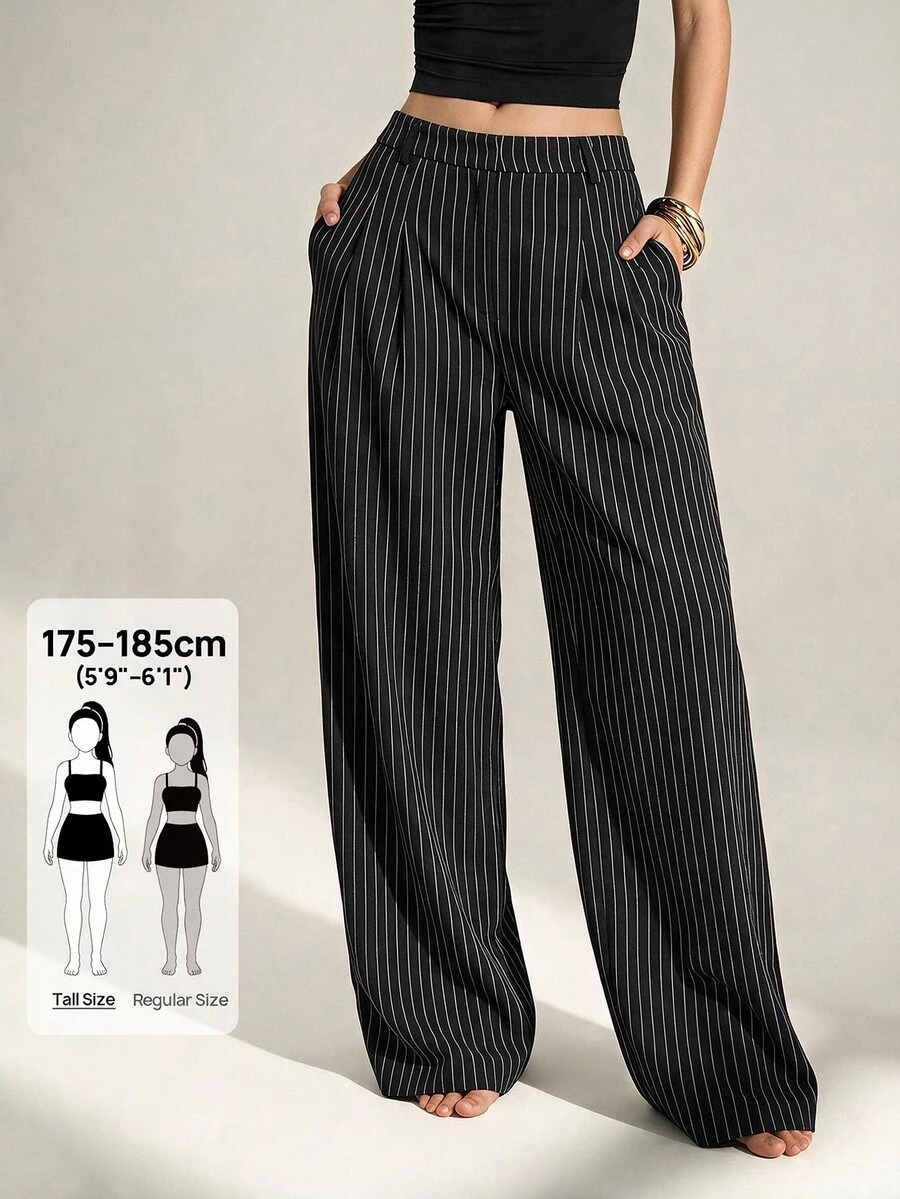 SHEIN Tall 女款韓式條紋口袋寬鬆長褲,適合商務辦公 - 黑色 - 查看 1