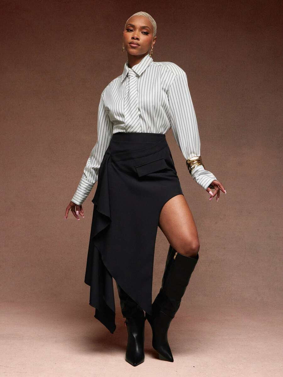Vixey Deconstructed Asymmetric High Waist Slimming High Slit Ribbon Black Suit Bodycon Skirt For Women - Black - View 1
