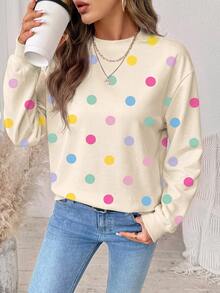 SHEIN LUNE 女款俏皮可愛彩色波點圖案運動衫，優雅休閒時尚，適合秋冬穿著 - 白色 - 查看 4