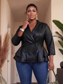 Slaydiva Plus Size Women's Solid Color PU Leather Long Sleeve Blazer Winter - Black - View 5