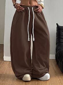 SHEIN Tall CURVE 大尺碼女款街頭風外出套裝 彈性腰頭 舒適灰色 秋季 - 咖啡棕 - 查看 7