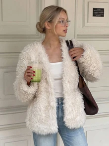 DAZY Women's Autumn/Winter Fashion Solid Color Faux Fur Coat - Beige - View 5