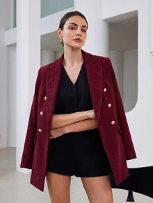 Aveloria Modichic 女款修身收腰紋理粗花呢雙排扣金鈕扣尖領優雅商務酒紅色秋季感恩節洋裝 - 紅色 - 查看 6