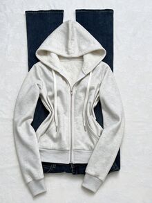 Elamini 女款修身美式復古針織彈性保暖內裡連帽長袖口袋運動衫 - 銀色 - 查看 6