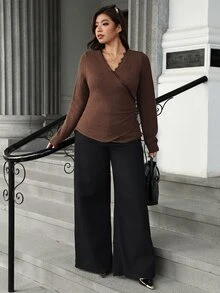 Vionelle Plus Size Women's Lace V-Neck Criss-Cross Wrap Knit Top Side Ruched Button Waist Long Sleeve Slim Fit Undershirt Party Formal Brown Autumn Elegant - Coffee Brown - View 5