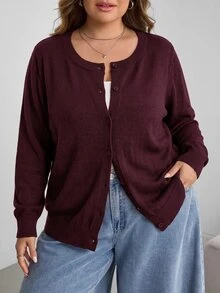 SHEIN CURVE+ 大尺碼女款素色長袖單排扣休閒針織開襟衫 - 酒紅色 - 查看 3
