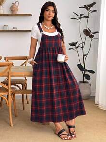 Enliva Plus Size Women's Plaid Pocket Casual Pinafore Dress - Burgundy - View 8