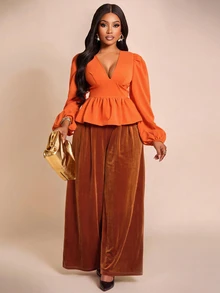 Brilight Wide Leg Pants Front Pleated Split Flowy Palazzo Trousers For Autumn Commute Dinner Party Streetwear - Gold - View 6