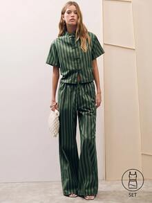 Nöista Women's Ruffled Collar Waist-Defining Printed Suit - Dark Green - View 4
