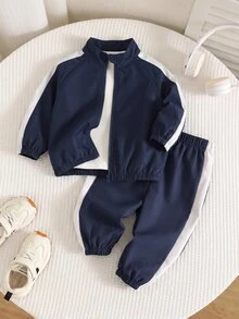 SHEIN 男女嬰幼兒 2件組秋冬休閒時尚拼色拼接立領運動衫套裝，夾克套裝，嬰兒運動服，嬰兒冬季衣物 - 藏蓝色 - 查看 1