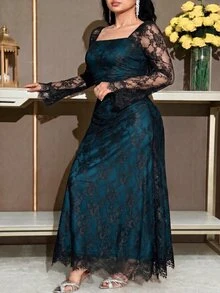 Feyla 大尺碼女款對比蕾絲長袖方領優雅洋裝 - 水鴨藍 - 查看 5