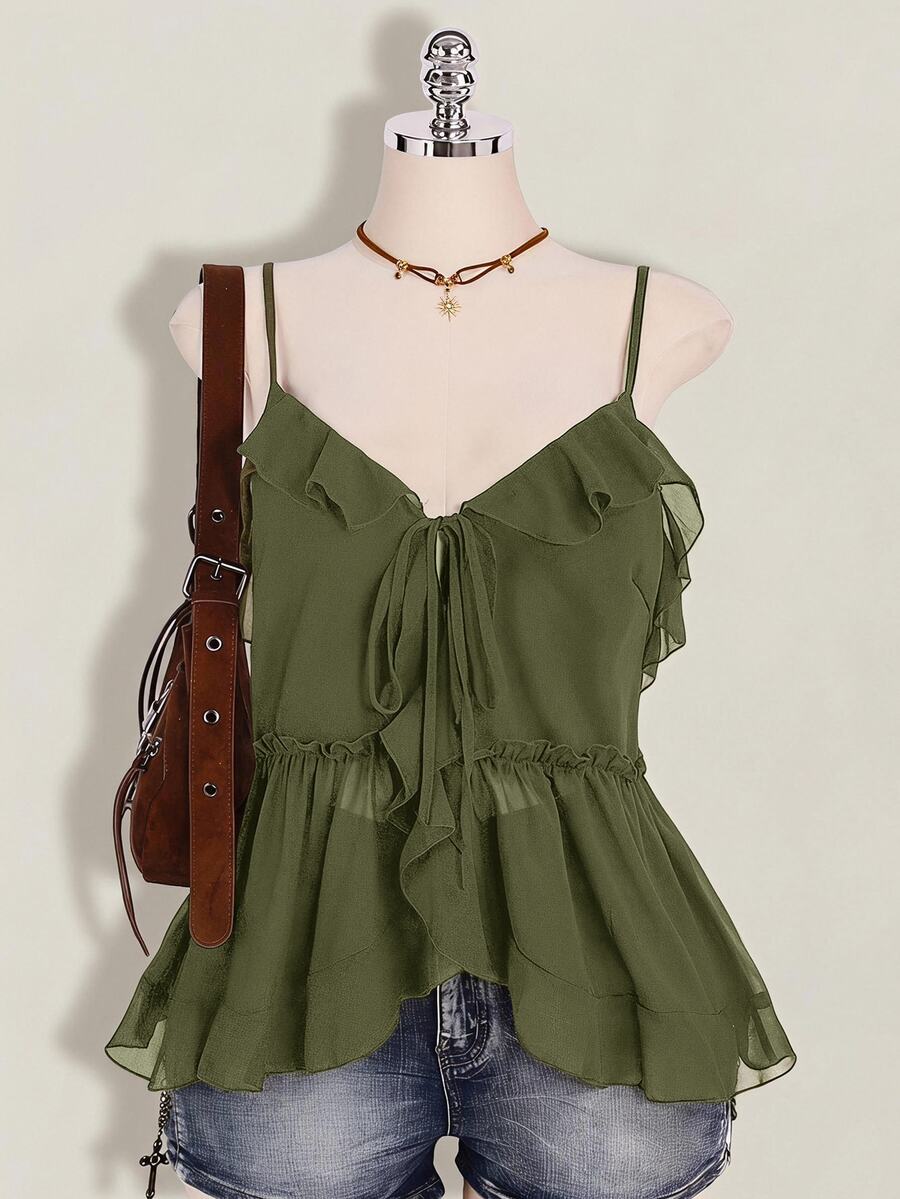 SHEIN ICON Women's Plus Size Ruffle Solid Color Fashion Versatile Camisole Top - Army Green - View 1