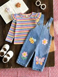 SHEIN Cute Baby Girl's Overall Jumpsuit Featuring Butterfly, Bee, And Flower Prints; Suitable For Autumn And Winter Wear. - Multicolor - View 1