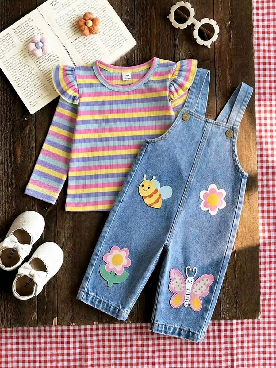 SHEIN Cute Baby Girl's Overall Jumpsuit Featuring Butterfly, Bee, And Flower Prints; Suitable For Autumn And Winter Wear. - Multicolor - View 1