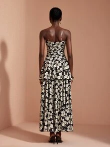 JIAN LASALA Knit Floral Print Sleeveless Tube Top Double Ruffle Layers Ruched Long Dress Elegant Vacation - Multicolor - View 2