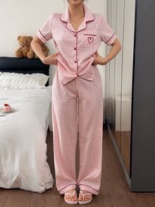 Napfluff Pink Plaid Print Pocket Heart Embroidery Pajama Set 2pcs - Multicolor - View 4