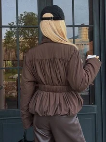 Livesso Women's Winter Coffee Brown Hooded Drawstring Long Sleeve Thick Padded Pocket Decor Loose Padded Coat - Coffee Brown - View 2