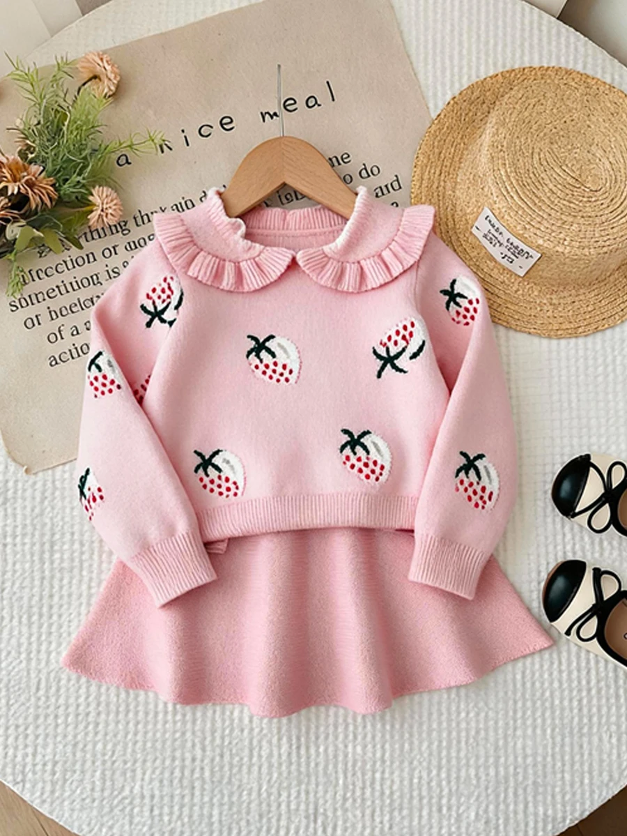 LMoss Kids Baby Girl Knit Cute Strawberry Pattern Pink Peter Pan Collar Sweater And Autumn Skirt 2 Pieces Set - Pink - View 1