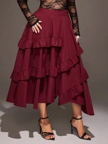 Viva Relle Rok Wanita Ukuran Besar Warna Burgundy Berlapis-lapis dengan Rumbai dan Desain Asimetris Gaya Vintage, Cocok untuk Perjalanan Sehari-hari, Belanja Akhir Pekan di Musim Gugur - Burgundy - View 4