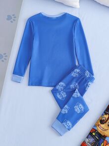SHEIN | PAW Patrol 小男孩字母卡通印花長袖上衣與長褲休閒日常居家睡衣套裝 - 藍色 - 查看 2