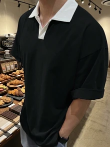 DAZY 男士短袖 Polo 衫 黑白對比色羅紋領通勤 T 恤 - 黑色 - 查看 5