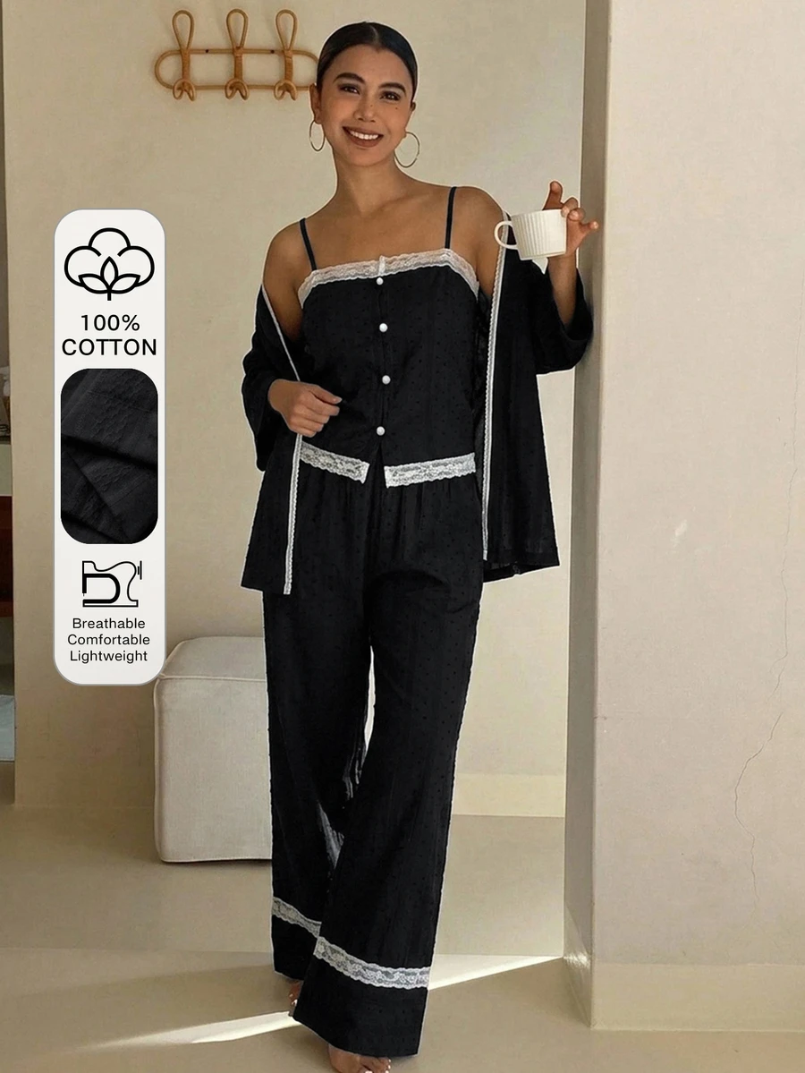 DAZY 3-Piece Vacation Style Women's Pajama Set With 3D Polka Dot Textured Fabric - Black - View 1