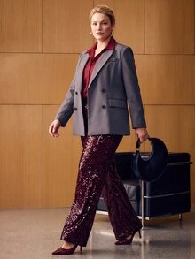 MOTF PREMIUM PLUS SIZE ELEGANT SEQUIN POCKET STRAIGHT LEG PANTS FOR BAR PARTY - Burgundy - View 8