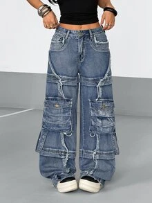 StreetHx Women's Fashion Washed Cargo Denim Jeans - Blue - View 5