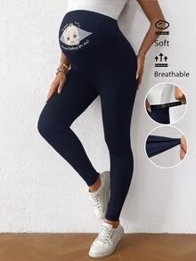 SHEIN Adjustable Waist Maternity Casual Daily Wear Tight Leggings - Navy Blue - View 1
