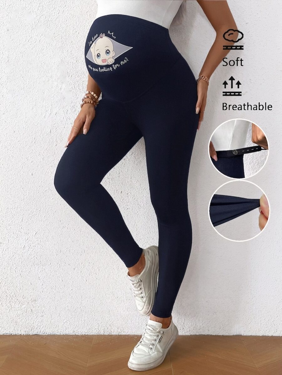 SHEIN Adjustable Waist Maternity Casual Daily Wear Tight Leggings - Navy Blue - View 1