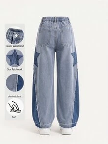 Tween Girl Y2K Grunge Punk Style Loose Fit Star Patchwork Colorblock Wide Leg Jeans, School, Streetwear - Medium Wash - View 2