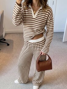 Strévra Women's Striped Colorblock Long Sleeve Top And Pants 2 Pieces Set Fall - Brown - View 7