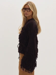 MUSEYN Brown Chunky Knit Loop Detail Cardigan Cosy Versatile Everyday Casual Fall - Coffee Brown - View 3