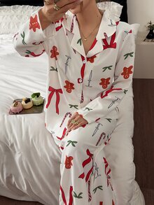 Napfluff Christmas Element Print Open Front Lapel Bubble Crinkle Comfortable Women's Pajama Set - Apricot - View 5