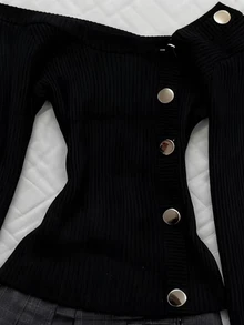 Glimmora Women's Solid Color Button Design Off-Shoulder Long Sleeve Fashion Top - Black - View 5